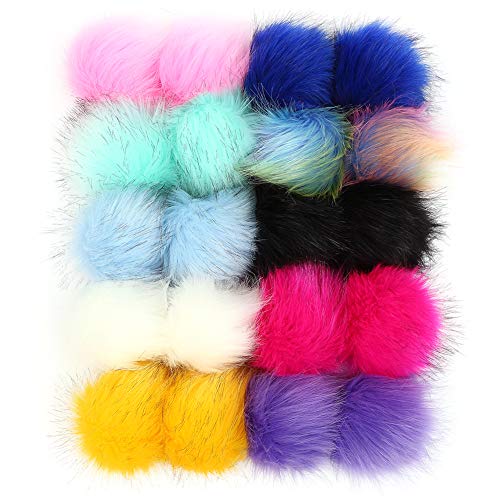 20 Pieces Colorful Faux Fur Pom Poms Balls , Fluffy Fur Pompoms with Elastic Loop for Knitted Hat Gloves Bags Keychains Accessories (10 Bright Colors, 2 Pcs Per Color)