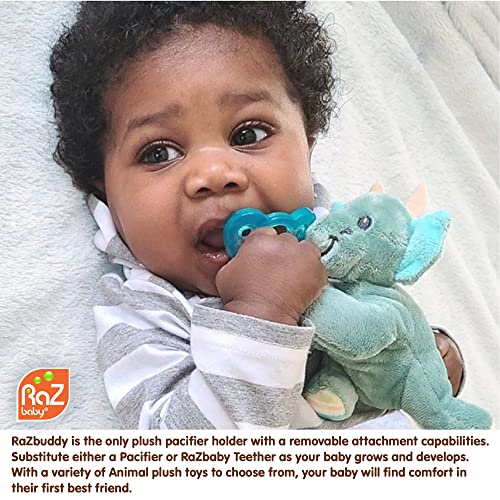 RaZbaby JollyPop Pacifier, Holder w/ Detachable Baby Pacifier, Stuffed Animal RaZbuddy, All Ages 0M+, 100% Medical Grade USA Made Silicone Pacifier, Machine Washable, Textured & Easy to Hold – Dragon