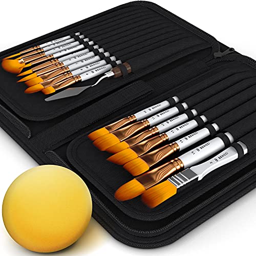 Premium Artist Paint Brush Set of 16 - w/ Bonus Palette Knife, Sponge & Organizing Case - Painting Brushes for Kids, Adults or Professionals - Perfect for Your Watercolor, Oil or Acrylic Painting Art