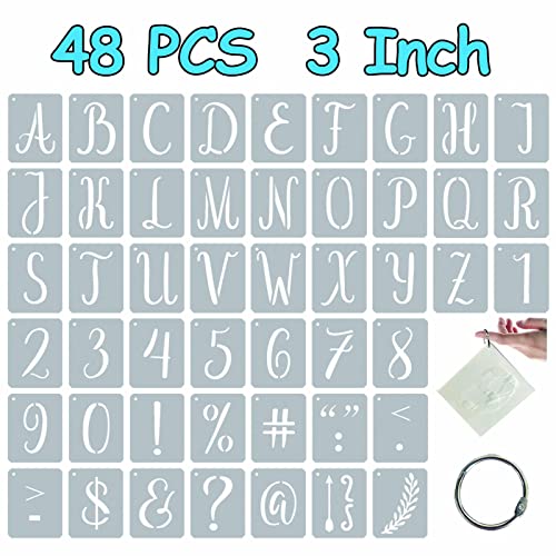 Craft Letter Stencils for Painting on Wood 3 Inch, 48 PCS Cursive Alphabet Number Symbol Templates Kits Reusable Plastic Letter Stencils with Calligraphy Font with Metal Ring