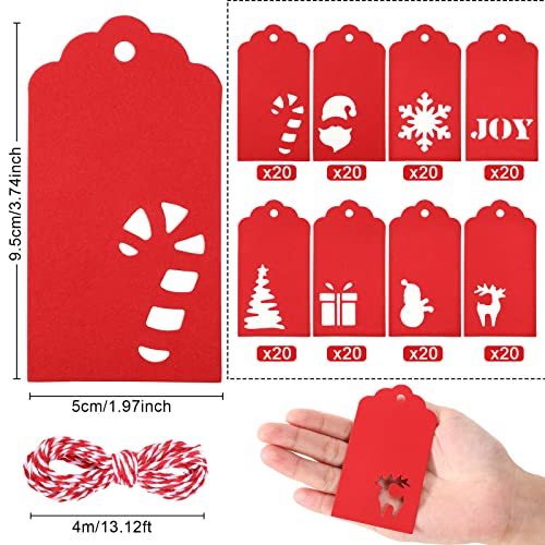 160 Pieces Christmas Tags Hollow Out Kraft Paper Gift Tags with Holes Christmas Tree Snowflake Reindeer Kraft Tags Holiday Labels for Gifts Present Name DIY Xmas Crafts, with 3 Meters Twine (Red)