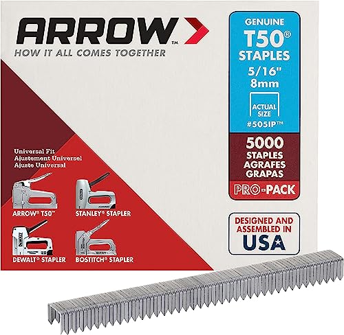 Arrow Fastener 505IP Heavy Duty T50 Staples for Upholstery, Construction, Furniture, Crafts, 5/16-Inch Leg Length, 3/8-Inch Crown Size, 5000-Pack