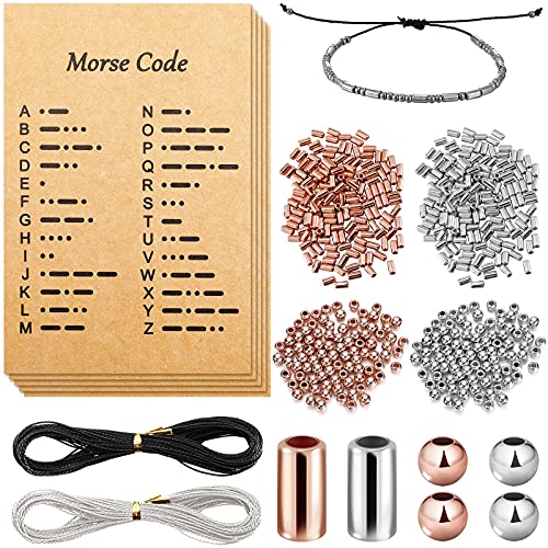 DIY Morse Code Bracelet Making Set, 800 Round Spacer Beads, 800 Long Tube Beads, 20 Morse Code Decoding Card and 2 Rolls 66 ft Waxed Polyester Twine Cord (Silver and Red Copper, Black and White Rope)