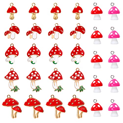 BENOSPACE 30 pcs Mushroom Pendant Charm for Jewelry Making,7 Styles Alloy Enamel Resin Mushroom Charms with Holes,Red and Pink Mushroom Beads for DIY Bracelet Necklace Jewelry Crafts Accessory Making