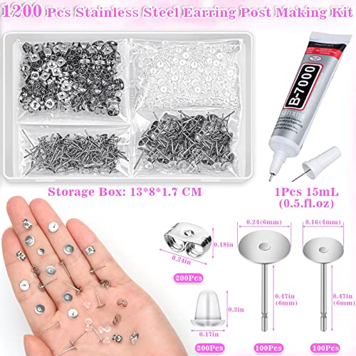 Jewelry Glue with Earring Posts, Anezus 600pcs Stainless Steel Earring Posts Blanks Hypoallergenic Earring Posts and Back with Rubber Earring Backs for Jewelry Making Supplies Earring Findings