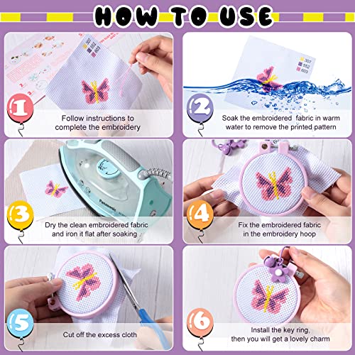6 Sets Cross Stitch Beginners Kits for Kids 7-13, Embroidery Starter Kits Stamped Cross Stitch Kits Needlepoint Starter kits for Christmas Backpack Charms with Instructions, Ornaments and Needle Craft