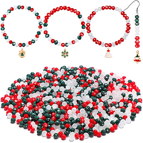 15 Strands Christmas Crystal Beads Kit 6 mm Faceted Glass Beads Red Green White Spacer Beads Crystal Jewelry Kit Briolette Rondelle Beads for Christmas Bracelets Jewelry Making