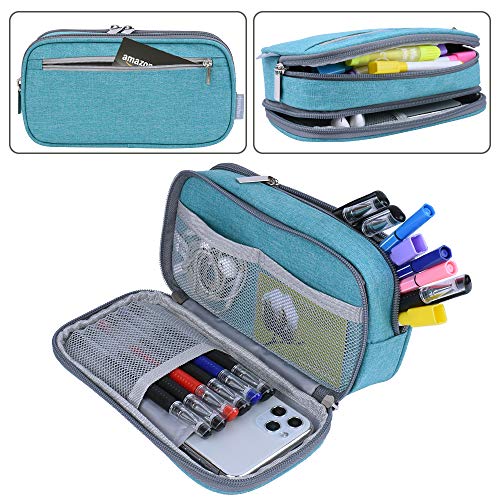 Chelory Big Capacity Pencil Case Large Pencil Bag Pouch 3 Comparments Pen Case Makeup Bag for Boys Girls Middle High College School Adults Office Supplies Stationery Organizer, Light Blue