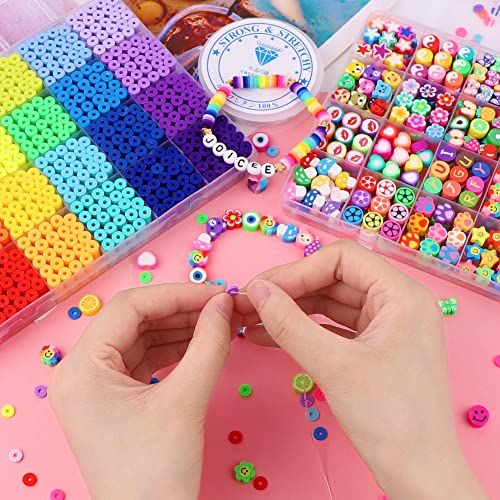 JOICEE 2 Boxes Clay Beads for Bracelets Making, Fruit Flower Smiley Polymer Clay Beads Charms with 24 Colors Flat Round Heishi Spacer Beads Kit for DIY Craft Necklace Jewelry Gift for Women Girls