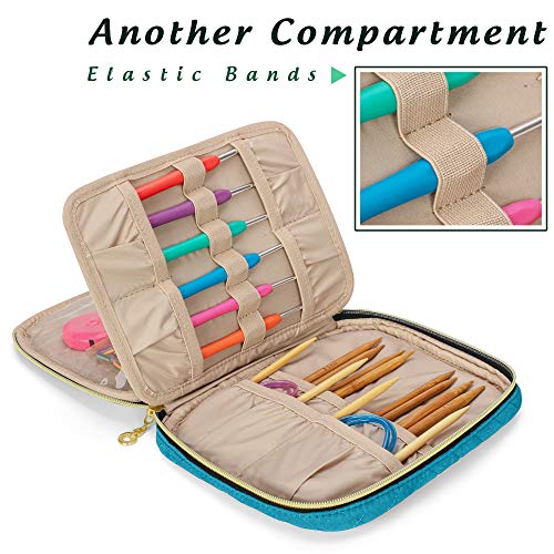 YARWO Crochet Hook Case, Travel Organizer Holder for Crochet Hooks, Circular Knitting Needles, Knitting Needles (up to 8") and Other Supplies, Teal (Bag Only, Patented Design)