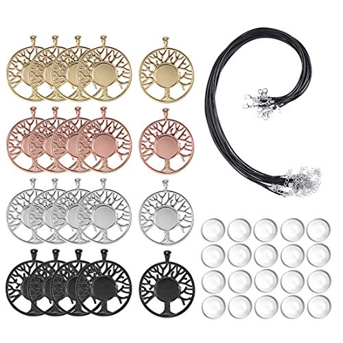LANBEIDE 60Pieces Cabochons Crafting Kits-20Pcs Tree of Life Bezel Pendant Blank Trays with 20Pcs Glass Dome and 20Pcs Black Necklace Cords with Clasps for DIY Jewelry Making