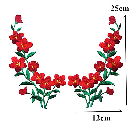 IXUEYU Embroidered Flower Lace Patches Plum Blossom Appliques Sew Iron On Badges for DIY Embroidery Cothes Dress Craft Decor 2 Pcs (red)