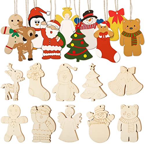 WILLBOND 60 Pieces DIY Unfinished Wooden Christmas Ornaments Wood Paintable Christmas Ornaments to Paint Holiday Hanging Ceramic Decorations with Rope for Embellishments Crafts Centerpieces