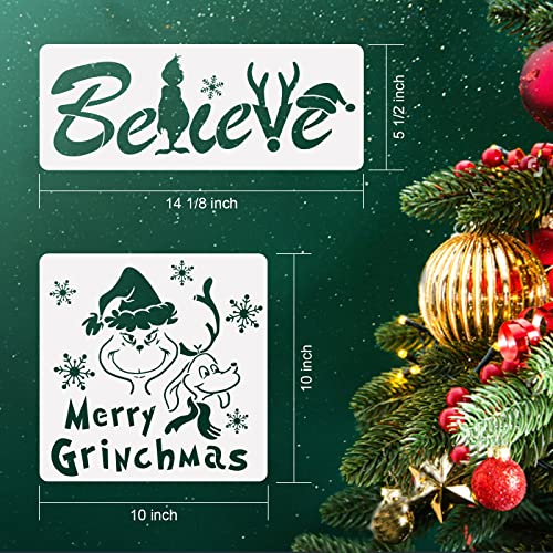 8Pcs Grinch Stencils for Painting on Wood ,10 X 10 Inch Reusable Christmas Stencils Including Grinch Face/ Merry Grinchmas/ Believe Stencil, Holiday Stencils for Making Wood Signs or Crafts