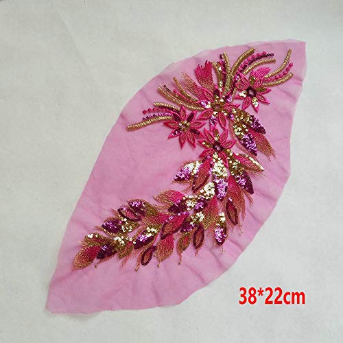 1Pcs DIY Lace Sequins Embroidered Patches for Clothes Peacock Applique Embroidery Wedding Dress Sewing Trim Garment Decor (Rose red)