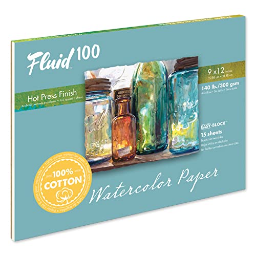 Fluid 100 Artist Watercolor Block, 140 lb (300 GSM) 100% Cotton Hot Press Pad for Watercolor Painting and Wet Media w/ Easy Block Binding, 9 x 12, 15 Sheets