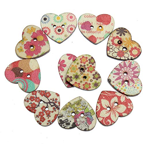 AKOAK 50 Pack 25MM 2-Hole Mixed Flower Pattern Printed Wooden Peach Heart Shaped Buttons Wood Sewing Buttons DIY Scrapbooking Clothe Buttons