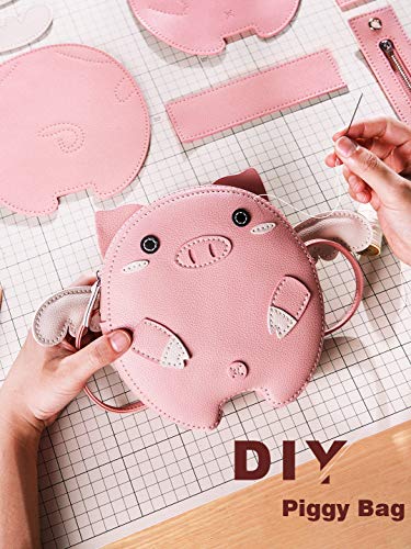 FunSpace DIY Sewing Kit, DIY Crafts Lovely Piggy Leather Handbag Purse with All Accessories, Unique Birthday Gift for Girls Children Students Adults Teenagers (Pink)
