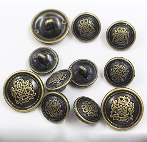 11 Piece Antiqued Bronze Metal Blazer Button Set - Crown Lion- for Blazer, Suits, Sport Coat, Uniform, Jacket