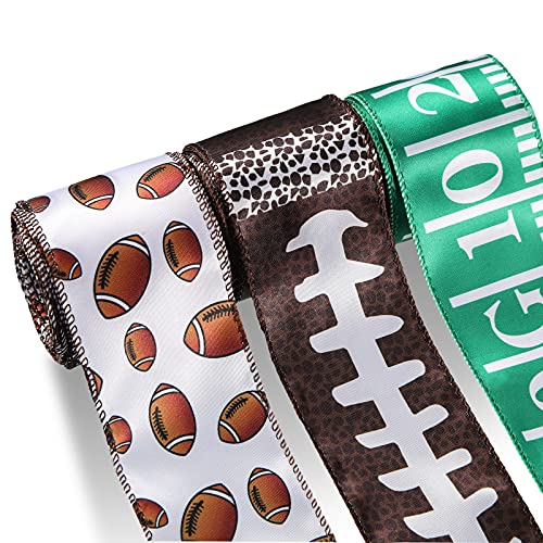 3 Rolls Football Wired Ribbon, 10 Yards Football Printed Wired Ribbon for Football Fan Wreath, Swag, Bow and Package Wrapping (2.5 Inch Width)
