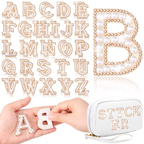 52 Pieces Self Adhesive Pearl Rhinestone Letter Patches A-Z Bling Rhinestone Letter Stickers Glitter Rhinestone Alphabet Appliques Initial Letter Sticker for DIY Clothes Bags Hats (White, Yellow)