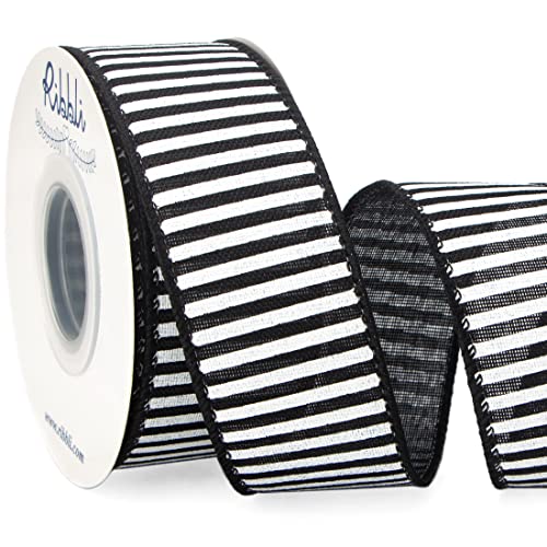 Ribbli Black and White Stripe Wired Ribbon, 1-1/2 Inch x 10 Yard, Narrow Striped Burlap Ribbon for Craft, Wreath,Christmas Tree Decoration, Outdoor Decoration