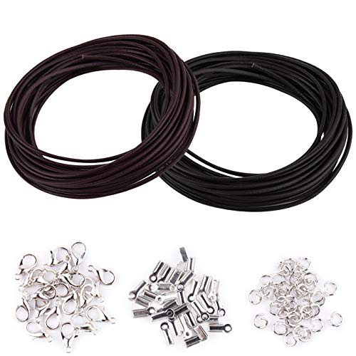 WXJ13 Genuine Leather Cord, 10 Meters 2 mm Wide Black and Coffee Leather Cord and 150 Pieces Jewelry Findings Necklace Cord String for Jewelry Making Bracelets Craft Twine Necklace Bracelet Kit