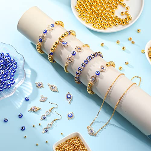 1450 Pcs Evil Eye Beads Set Eye Rhinestone Beads Kits Includes 200 Evil Eye Beads 20 Hand Evil Eye Charms 180 Rondelle Spacer Beads 800 4 mm and 250 8 mm Round Beaded for DIY Jewelry Making (Gold)