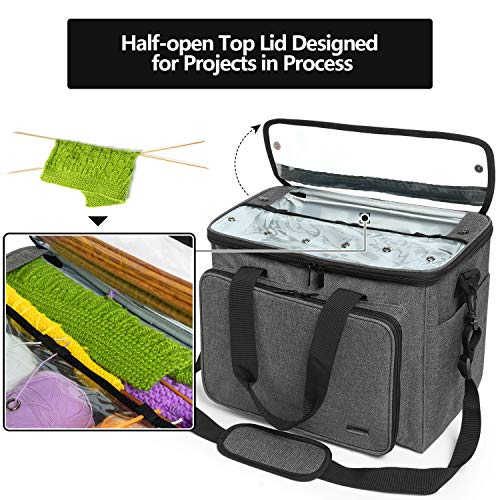 Teamoy Knitting Bag, Yarn Tote Organizer with Inner Divider (Sewn to Bottom) for Crochet Hooks, Knitting Needles(Up to 14”), Project and Supplies -No Accessories Included, Gray