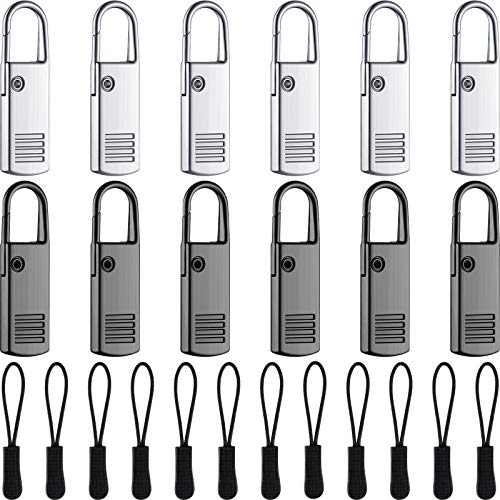 12 Pieces Zipper Pull Replacement and 12 Luggage Zipper Pull Tab Extender Metal Zipper Handle Mend Fixer Zipper Tag Cord Pull for Suitcases Backpack Jacket Coat Boot Craft (Black, Silver)