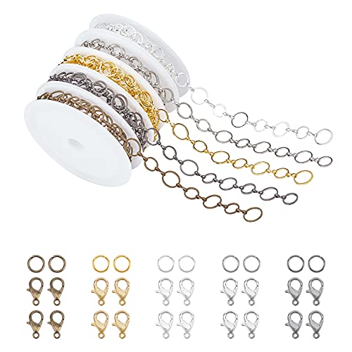 arricraft 5 Colors Necklaces Making Kits, Include 5 Rolls 16 Feet Brass Handmade Chains, 50 Pcs Jump Rings and 250 Pcs Lobster Claw Clasps for Jewelry Making