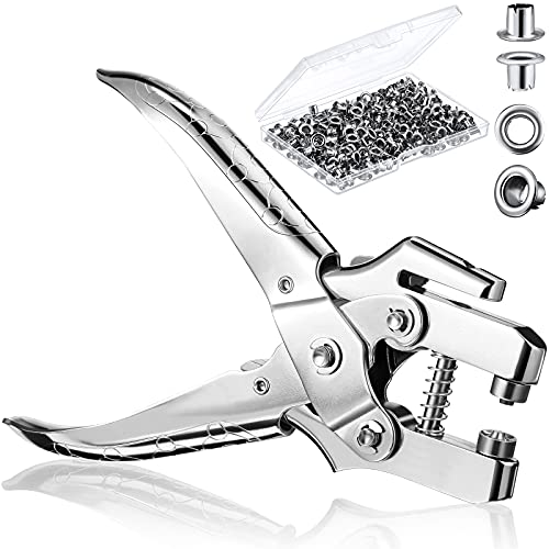 Grommet Eyelet Pliers 3/16 Inch Eyelet Hole Punch Pliers with 200 Piece Metal Eyelets Easy Press Hollow Grommet Portable Handheld Grommet Eyelet Setting Tools for Card Paper Canvas (Silver)