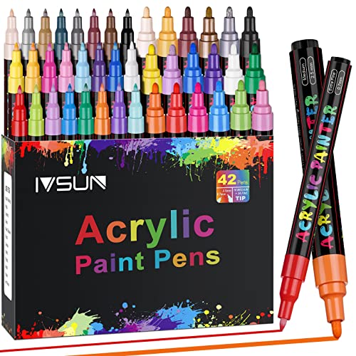 42 Pack Acrylic Paint Marker Pens, Long-Lasting Paint Pens with Extra Fine (24 PCS) and Medium Tip (18 PCS) , Paint Art Markers Set for Rock Wood, Metal, Plastic, Glass, Canvas, Ceramic, Easter Egg
