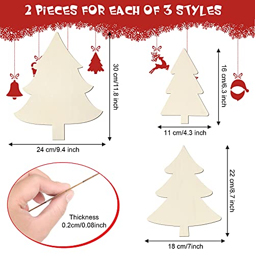 6 Pieces Christmas Tree Shape Unpainted Wood Slice Christmas Unfinished Wood Plaque Craft Blank Wood Cutouts Decorative Blank Wood Sign for Crafts DIY Project Christmas Party Wedding Ornament, 3 Sizes