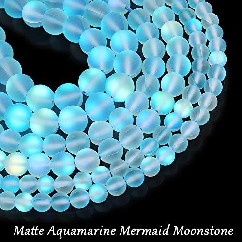 Matte Aquamarine Aurora Crystal Glass Beads, 8MM Frosted Glitter Shining Mermaid Round Loose Beads, Rainbow Holographic Synthetic Moonstone for Jewelry Making DIY Bracelet