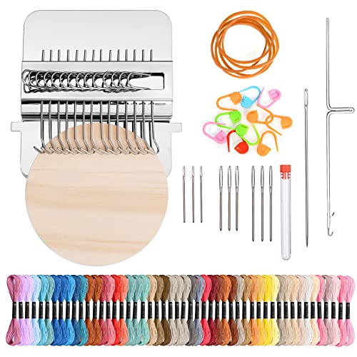 Ainiv 14 Hooks Darning Mini Loom Machine with 50 Colors Darning Threads, Wooden Weaving Frame Loom for Beginners Quickly Mending Loom, Hand Craft DIY Weaving Repair Tool for Jeans, Socks and Clothes