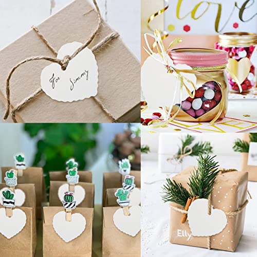 100PCS Kraft Paper Gift Tags Heart Paper Tags with Twine for DIY Crafts & Price Tags, Birthday, Valentine,Wedding and Party Favor (White)