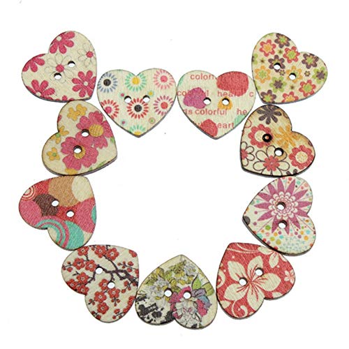 AKOAK 50 Pack 25MM 2-Hole Mixed Flower Pattern Printed Wooden Peach Heart Shaped Buttons Wood Sewing Buttons DIY Scrapbooking Clothe Buttons