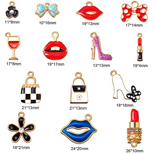 50 Pieces Women's Makeup Lip Lipstick Charms Gold Plated Enamel High Heels Wallet Flower Bow Charm Pendant for DIY Jewelry Necklace Bracelet Earrings Making