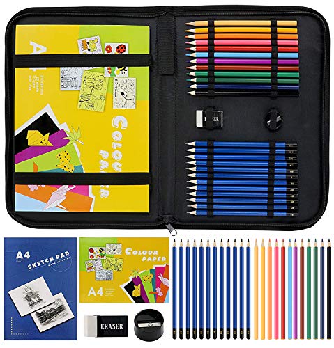 LUCYCAZ Drawing Pencil Kit, Sketchbook with Charcoal Pencils and Sketch Pads Set, Art Supplies with Drawing Pad in Carrying Case, Travel Sketch Kit for Kids Beginners Adults Artist Teens