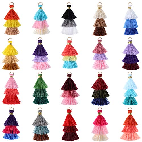 80 Pieces Tiny Tri-Layered Tassels Colorful Keychain Tassel Multi-Color Handmade DIY Silky Tassels Soft Mini Tassel with Golden Jump Ring for Earring Keychain Crafts Making Supplies, 1.4 Inch