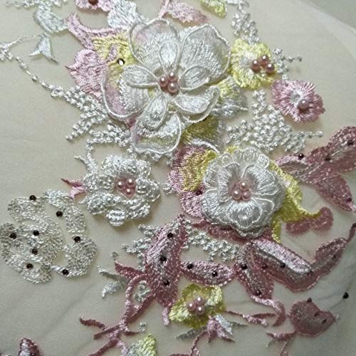 3D Embroidered Patches Nail Bead Tulle Applique Flower Patch for Clothing Wedding Dress Lace C Fabric DIY Decoration (Powder + Yellow)