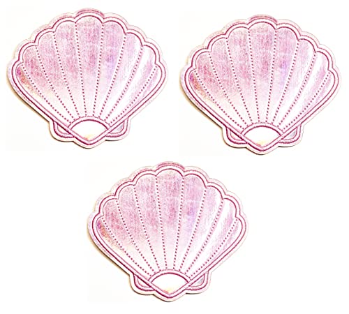 Umama Patch Set of 3 Pink Seashell Pearl Beach Little Mermaid Cartoon Sticker Fabric Seashell Iron On Embroidered Patches Appliques Machine Embroidery Needle Craft Projects Boys Girls Kids DIY