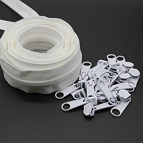 #5 White Nylon Coil Zipper by The Yard Bulk 10 Yards Zipper Tape with 25PCS Zippers Pulls Sliders for DIY Sewing Crafts,Purses,Bags,Clothing,Cushions SHUNLI