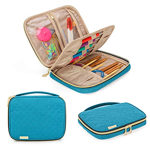 YARWO Crochet Hook Case, Travel Organizer Holder for Crochet Hooks, Circular Knitting Needles, Knitting Needles (up to 8") and Other Supplies, Teal (Bag Only, Patented Design)