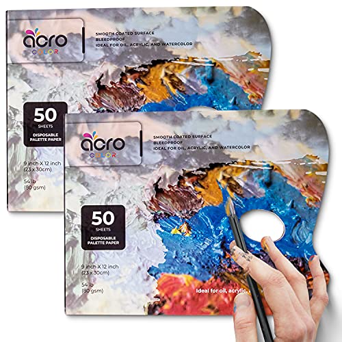 Disposable Palette Paper Pad for Oil, Acrylics, Watercolors, Gouache | 50 Sheets, 9 x 12 Inch 80GSM Bleed-Proof White Paint Mixing Sheets are A Must Have for Beginner & Professional Artists | 2 Pack