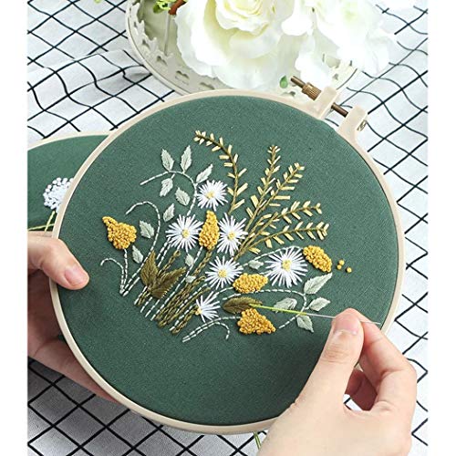 3 Pack Embroidery Starter Kit with Pattern,Kissbuty Full Range of Stamped Embroidery Kits with 3 Pcs Embroidery Fabric with Pattern,1 Pc Bamboo Embroidery Hoop,Color Threads Tools Kit (Plants Flowers)