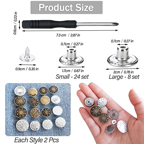 32 Sets Jeans Buttons Replacement, 17 mm and 20mm No-Sew Removable Metal Buttons Replacement Repair Combo Thread Rivets and Screwdrivers in Storage Box, Women and Men's Jeans Clothing Supplies