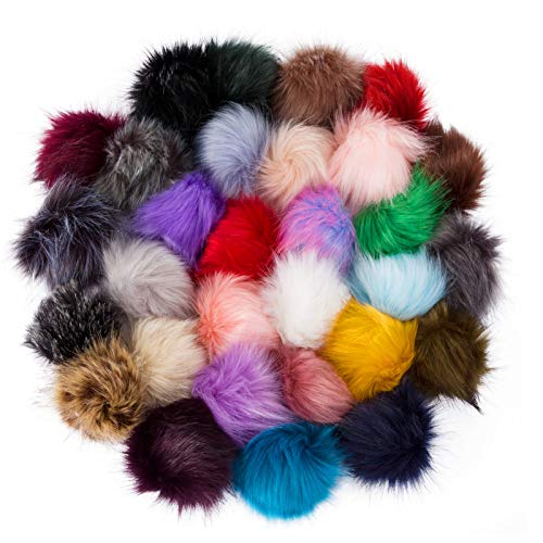 60 Pcs Faux Fur Pom Pom for Hats - Soft Pompoms with Elastic Loop Removable Knitting Hat Accessories for Shoes Scarves Gloves Bags Crafts Keychain (30 Colors, 3.9 in )