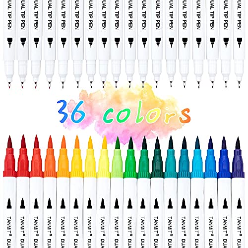 Dual Brush Marker Pens for Coloring Books, Tanmit Fine Tip Coloring Marker & Brush Pen Set for Journaling Note Taking Writing Planning Art Project